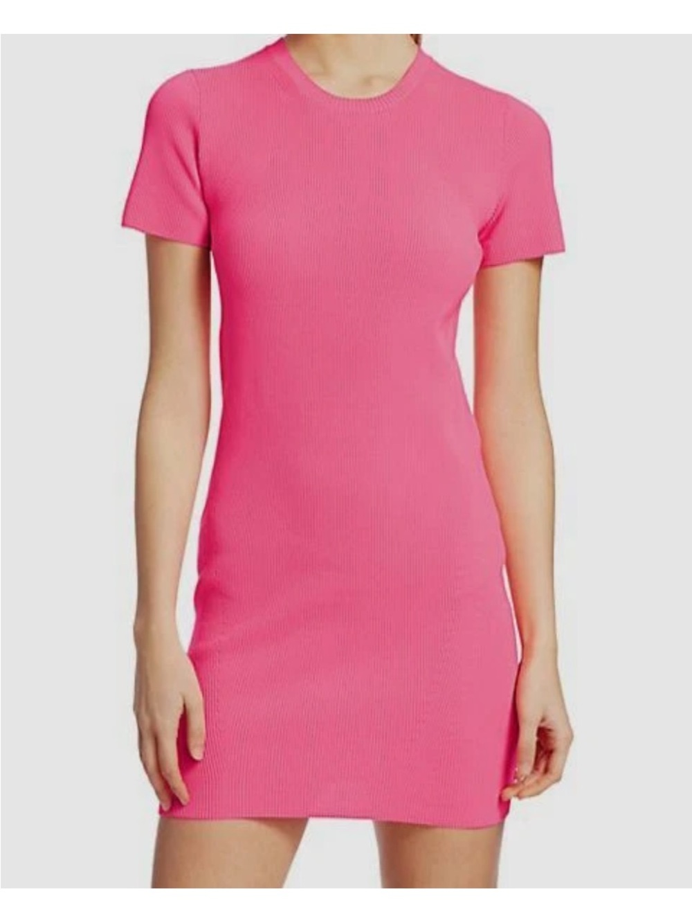 New Helmut Lang Hot Pink Ribbed Short Sleeve Mini Dress